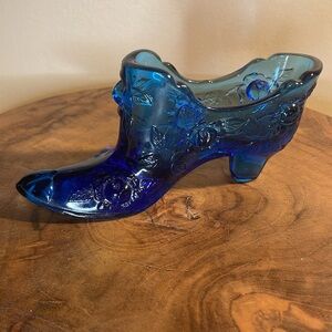 💙 Vintage Fenton Cobalt Blue Cabbage Rose Slipper